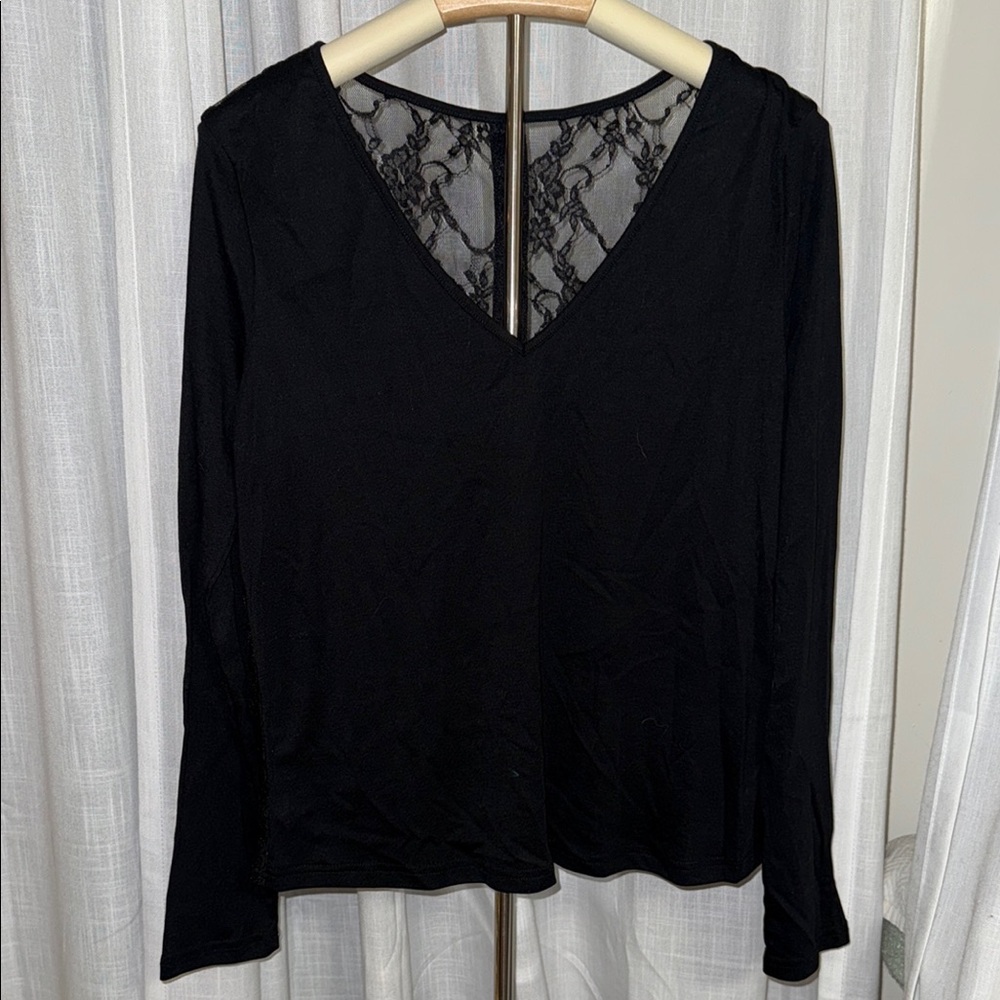 SHEIN Black V-Neck Long Sleeve Lace-Back Blouse